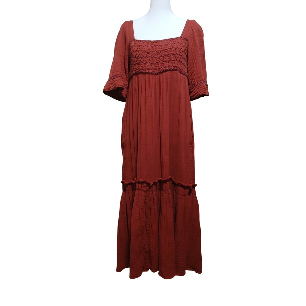 Free People Southwest Lace Midi Dress Rust Orange Smocked Tassel Boho XS